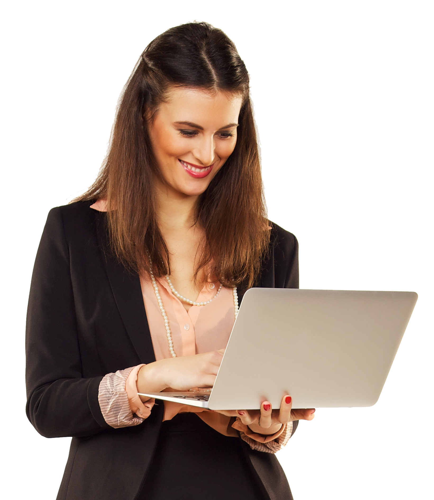 corporate woman against white background using laptop short